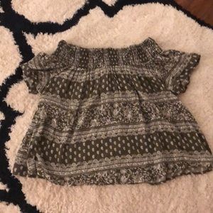 off the shoulder army green shirt w/ white designs